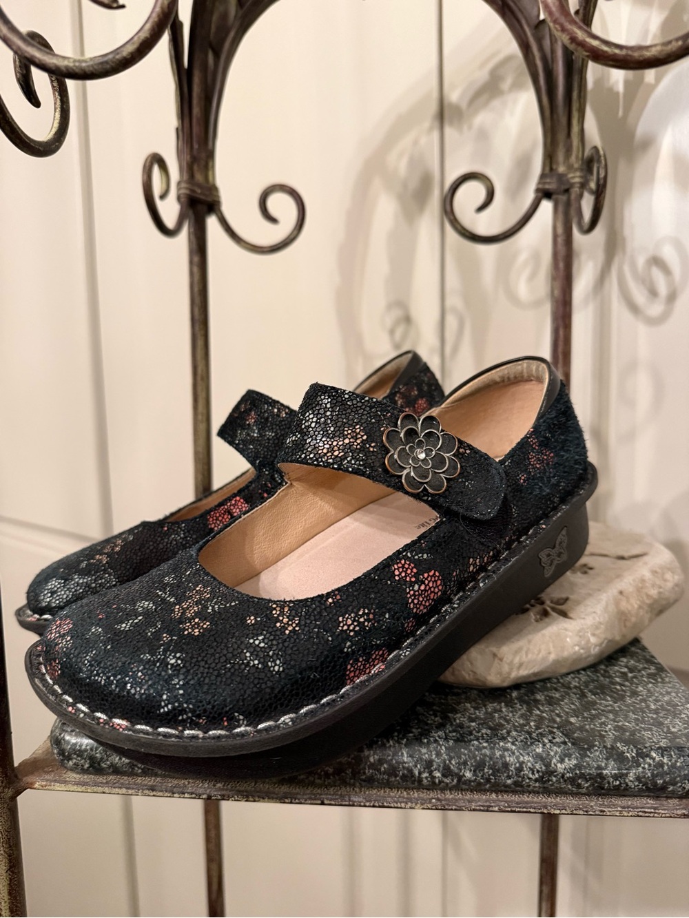 Alegria Black Floral Mary Jane with Decorative Flower Strap